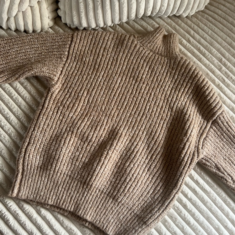 Dynamite Tan Cowl Neck Sweater with Ribbed Texture